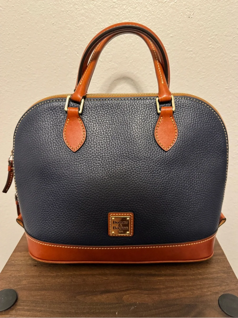 Dooney & Bourke Navy and Tan Pebble Grain Leather Satchel